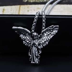 Angel Pendant Necklace Alloy Praying Wings Vintage Retro Silver Tone Box Chain For Men Women Hip Hop Jewelry