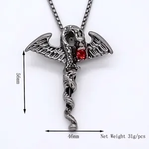 Gothic dragon cross sword pendant necklace with red crystal on box chain for men and women