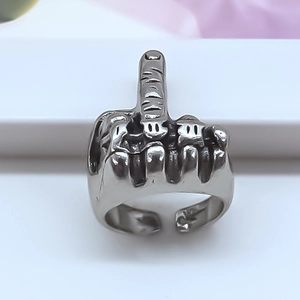 Adjustable silver hollow finger ring featuring a creative fist and middle finger design