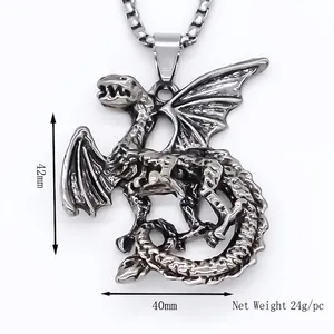 Halskette mit Drachen-Anhänger in Antik-Silber-Optik mit Kette, 42mm x 40mm Größe