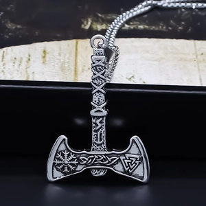 Viking Axe Pendant Necklace Nordic Rune Valknut Stainless Steel Chain For Men Retro Punk Antique Silver Jewelry Gift