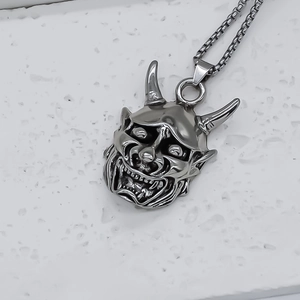 Silver stainless steel Hannya devil mask pendant necklace with square link chain