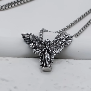 Silver angel pendant necklace with prayer wings on a classic box chain for unisex style
