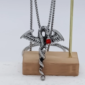 Gothic silver dragon sword pendant necklace with red gemstone and wings for unisex