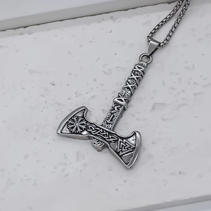 Vintage silver Viking axe pendant necklace with Aegishjalmur and Valknut runes
