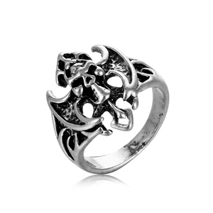 Bague gothique ajustable chauve-souris et crâne avec gravure vintage argentée