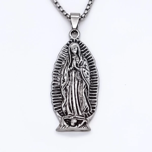 Oval stainless steel Virgin Mary relief pendant necklace with box chain for men and women