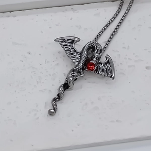 Gothic dragon sword necklace with red gemstone pendant and vintage silver chain for unisex