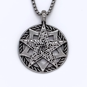 Fashion geometric pentagram pendant necklace with textured pattern on a square box chain