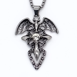 Gothic bat wing cross necklace in dark silver alloy with sparkling rhinestone pendant