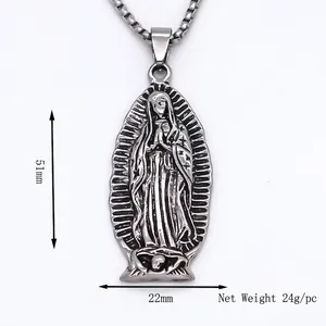 Oval Virgin Mary relief pendant necklace in stainless steel with 51mm by 22mm dimensions