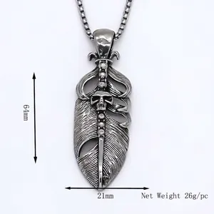 Gothic punk alloy leaf skull sword pendant necklace with durable box chain for men
