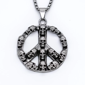 Vintage punk necklace featuring a round peace sign pendant made of miniature skulls