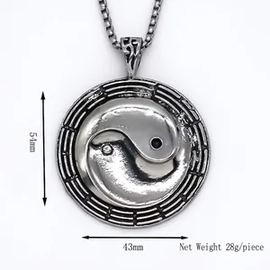 Collier avec pendentif Yin Yang Tai Chi vintage, design Bagua octogonal de 54mm en argent