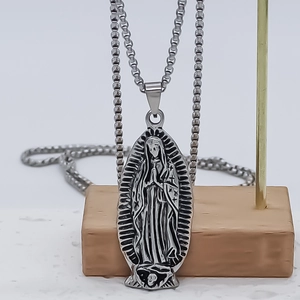 Oval Virgin Mary relief pendant in vintage stainless steel with gothic box chain