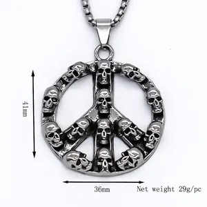 Gothic peace sign pendant with skull skeleton design in vintage dark silver finish