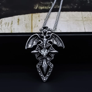 Gothic Bat Wing Cross Pendant Necklace Alloy Rhinestone Punk Hip Hop Dark Style Sword Wing Clavicle Chain Jewelry For Men Women