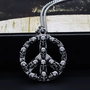 Vintage Gothic Skull Peace Sign Pendant Necklace Punk Alloy Retro Hollow Out Hip Hop Jewelry For Men Women Silver Color
