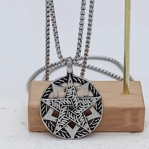 Retro geometric round pendant necklace with hollow star and vintage runes on box chain