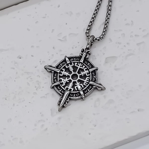 Viking Vegvisir compass pendant necklace for men in vintage steel with arrow details