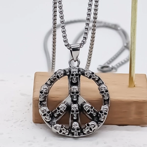 Retro hip-hop silver skull pendant necklace with geometric peace sign design