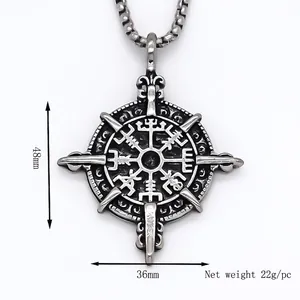 Viking style round compass pendant necklace in distressed silver finish, 48mm size