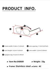 Detailed size chart for retro square metal glasses showing full frame measurements in cm