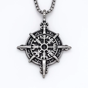 Vintage stainless steel Viking compass pendant necklace with black enamel for men