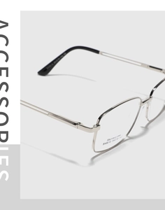 Detail of silver stainless steel square glasses frame with hollowed temple design