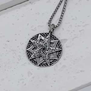 Vintage silver pentagram necklace with geometric round pendant and box chain