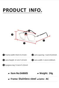 Size chart showing dimensions for square stainless steel double bridge glasses frame