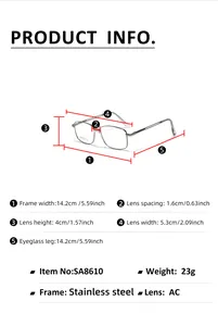 Detailed size chart for square metal frame glasses with precise dimensions and measurements