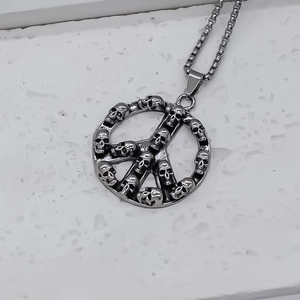 Retro gothic skull pendant necklace with silver peace sign and square box chain