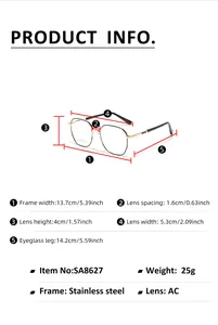 Detailed size specifications for polygonal stainless steel eyeglass frames with dimensions
