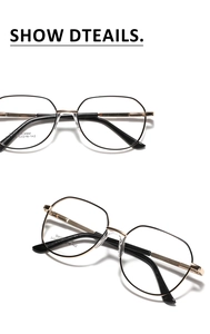 Detail view of black and gold polygonal stainless steel glasses with size SA9028