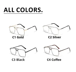 Detailansicht vier quadratischer Edelstahl-Brillenfassungen in Gold, Silber, Schwarz, Braun