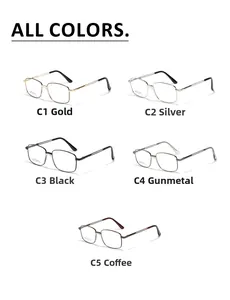 Square metal glasses frames displayed in gold silver black gunmetal and coffee colors