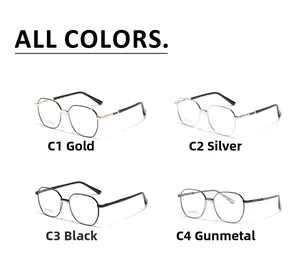 Detailed grid view of metal square glasses frames in gold, silver, black, and gunmetal finishes