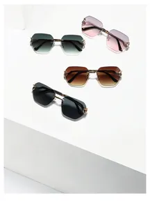 Polygonal rimless sunglasses with gradient lenses and decorative tiger hinges, model SA8048