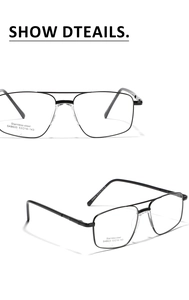 Detail view of black stainless steel square eyeglass frame with model SA8605 specs