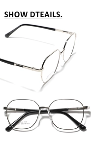 Detail view of silver stainless steel polygonal glasses frame with sizing specs