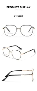 Three views of golden polygonal metal eyeglasses with black temples and saddle nose bridge