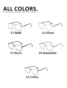Macro shot of stainless steel square eyeglass frames in five diverse color options