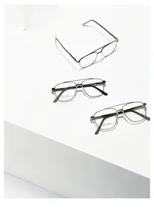 Minimalist double-bridge square eyewear frames in silver, black and gold finishes