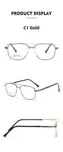 Three-view display of gold stainless steel square frames with double bridge design