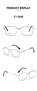 Detailed views of gold and black square stainless steel eyeglass frames with model SA8610