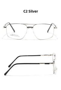 Detail view of silver stainless steel glasses with double bridge and engraved model specs