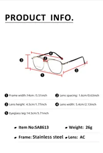 Detailed size chart for square double-bridge metal glasses frame with measurements