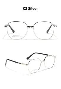 Detailed views of silver stainless steel geometric frame glasses with black temple tips
