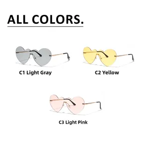 Trois variantes de lunettes de soleil coeur sans monture en gris clair, jaune et rose